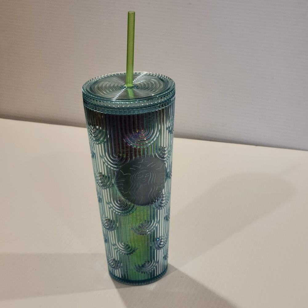 Starbucks Spring 2022 Iridescent Aqua Mermaid Scale Siren Cold Cup Tumbler 24oz